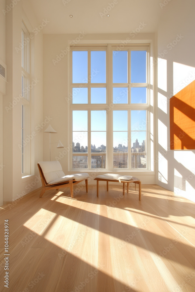 Fototapeta premium A bright and airy interior featuring large windows that offer stunning city views. minimalist design includes white sofa and wooden furniture, creating serene atmosphere