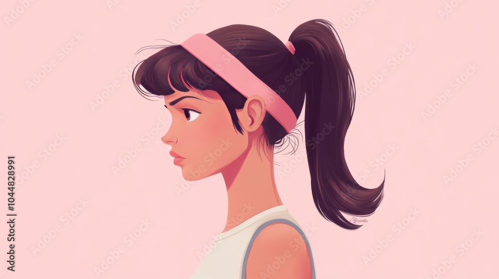 A side profile illustration of a woman with brown hair tied back in a ponytail with a pink headband, wearing a white tank top. A side profile illustration of a woman with brown hair tied back in a ponytail with a pink headband, wearing a white tank top.