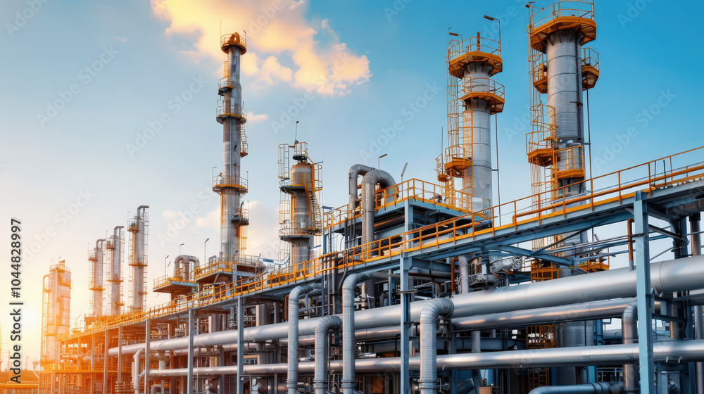 Fototapeta premium Close up of petrochemical refinery towers with pipes and structures under bright sky, showcasing industrial architecture and energy production