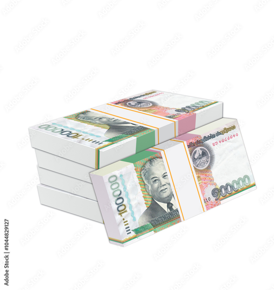 Laos money, Stacks of One Hundred Thousand kip Bills Isolated on a White Background Laos money, Stacks of One Hundred Thousand kip Bills Isolated on a White Background