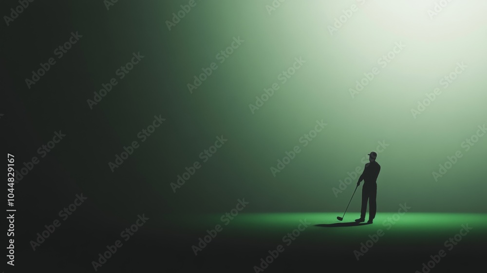A silhouette of a golfer standing on a green surface with a bright light in the background. A silhouette of a golfer standing on a green surface with a bright light in the background.