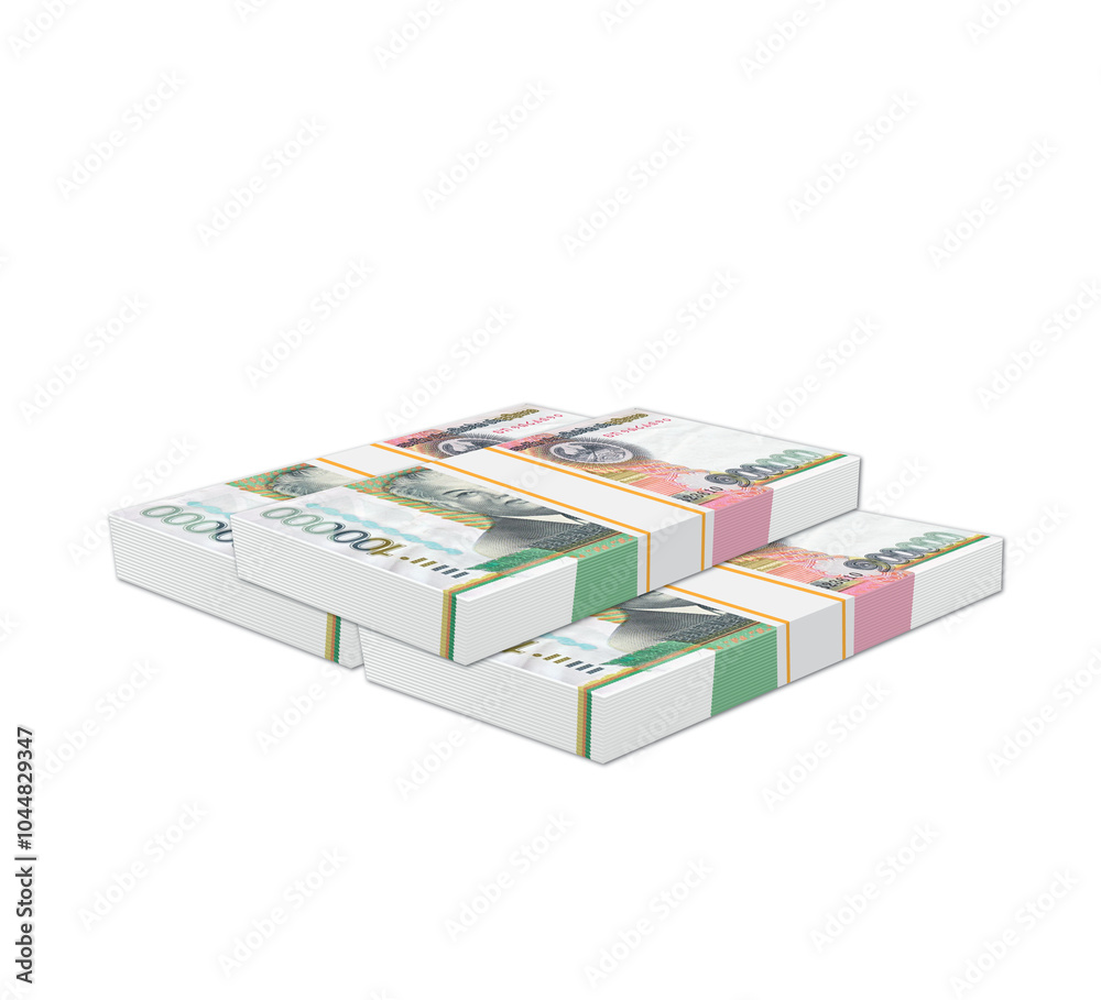 Laos money, Stacks of One Hundred Thousand kip Bills Isolated on a White Background Laos money, Stacks of One Hundred Thousand kip Bills Isolated on a White Background