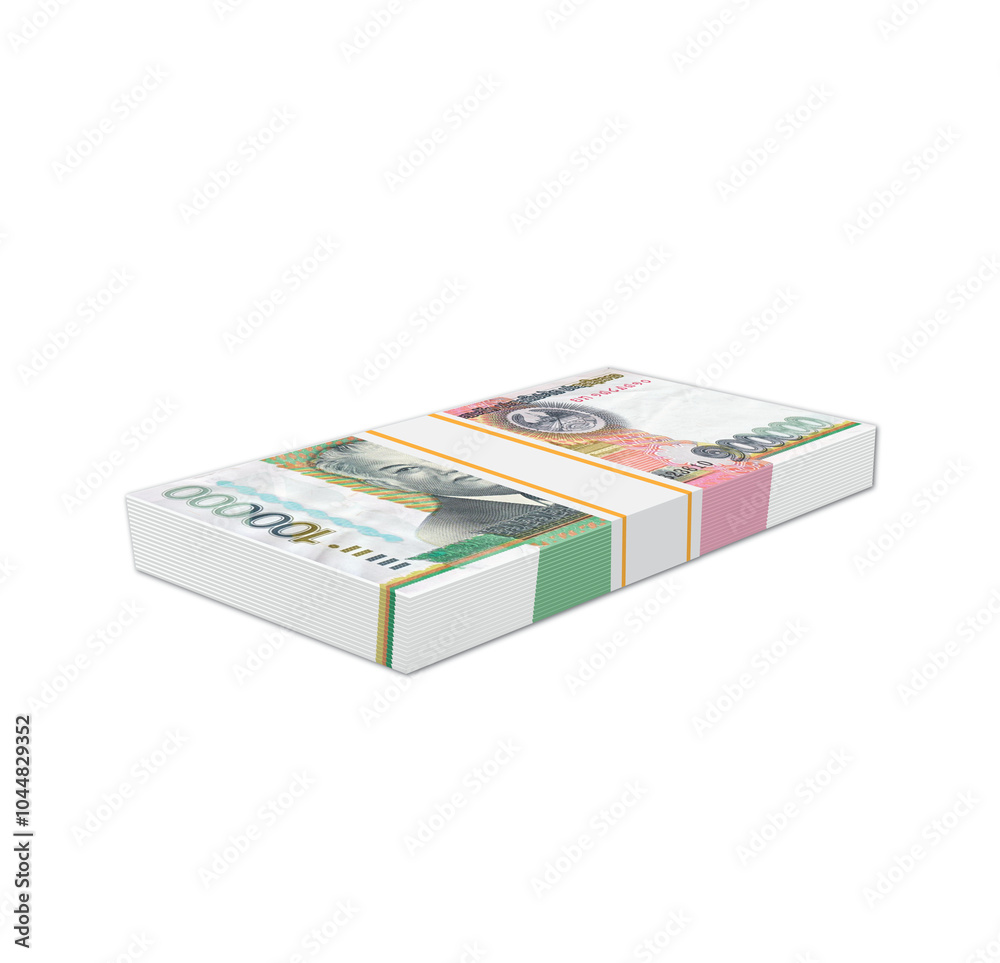 Laos money, Stacks of One Hundred Thousand kip Bills Isolated on a White Background Laos money, Stacks of One Hundred Thousand kip Bills Isolated on a White Background