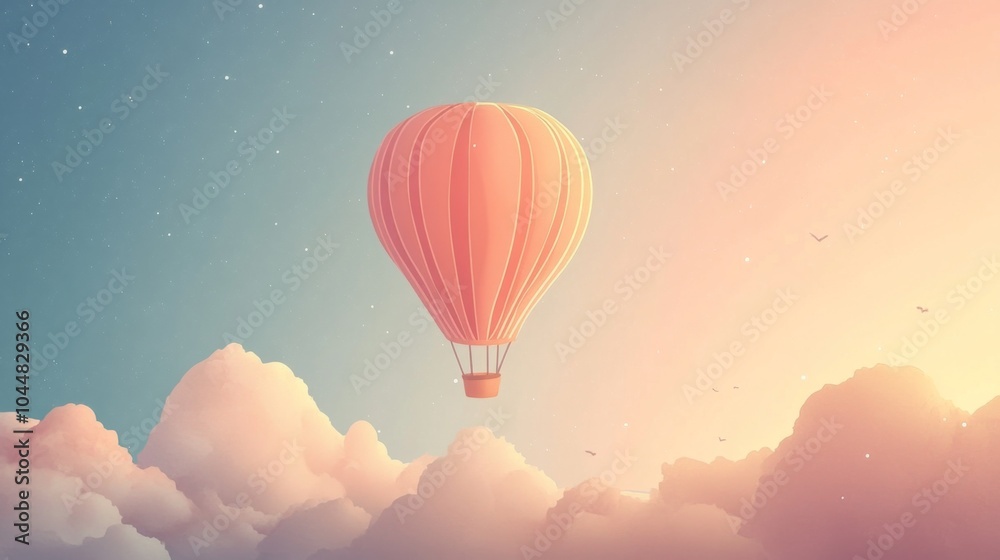 Obraz premium A single hot air balloon floats high above a sea of clouds with birds flying by. The sky is a soft pink and blue with a slight vignette.