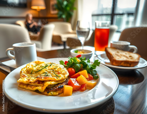 A​ breakfast omelette ,steak and salas on the table​ in luxury Hotel restaurants