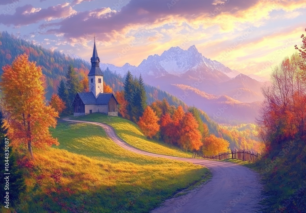 Naklejka premium A picturesque autumn landscape in the Alps, with colorful trees and mountains, featuring an old church nestled among green hills and forests under a dramatic sky at sunset