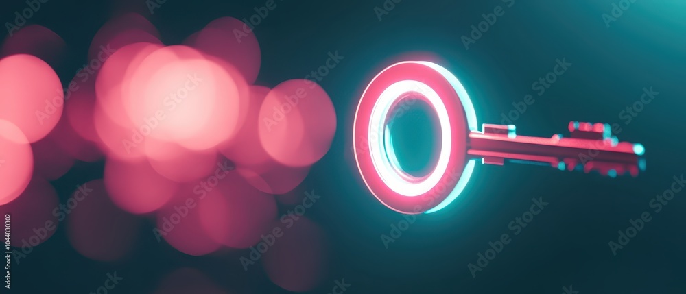A glowing key with a circular design, set against a blurred, colorful background, emphasizing its futuristic and digital aesthetic. A glowing key with a circular design, set against a blurred, colorful background, emphasizing its futuristic and digital aesthetic.