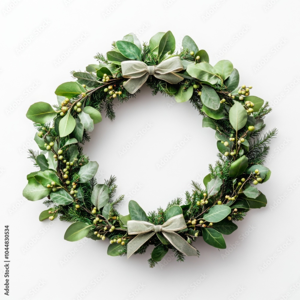 Fototapeta premium Christmas isolated wreath with Cristmas plant. Traditional Xmas isolated floral element with bow. Banner with copy space. Flower frame Noel card.