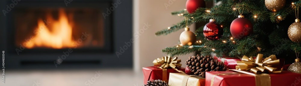 A cozy Christmas scene featuring a decorated tree, gifts, and a warm fireplace, perfect for holiday-themed imagery. A cozy Christmas scene featuring a decorated tree, gifts, and a warm fireplace, perfect for holiday-themed imagery.