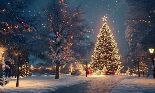 A video of a walk along Dark festive Christmas night snowy decorated street with Christmas tree