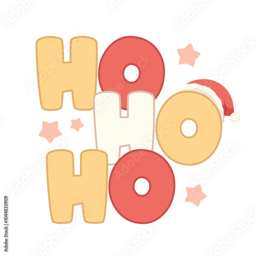 Kawaii lettering of Santa's laughing, ho ho ho on white background. Text with santa hat and stars. Vector illustration