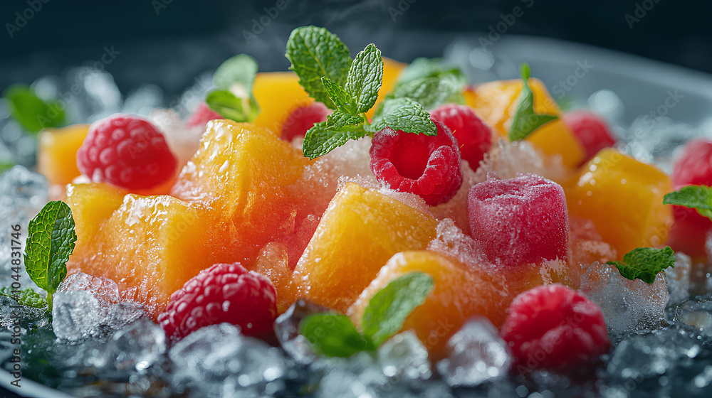 A selection of 3D fruit sorbet, garnished with fresh fruits and mint A selection of 3D fruit sorbet, garnished with fresh fruits and mint