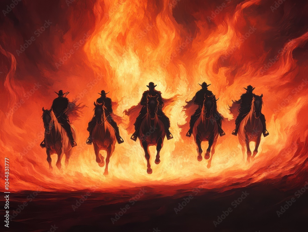 Fototapeta premium A dramatic scene featuring horse riders emerging from fiery flames, symbolizing power and intensity in the wild west.