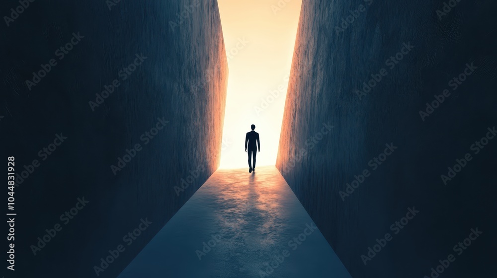 Fototapeta premium A solitary figure stands at the end of a narrow passage, illuminated by a bright light, creating a sense of mystery and contemplation.