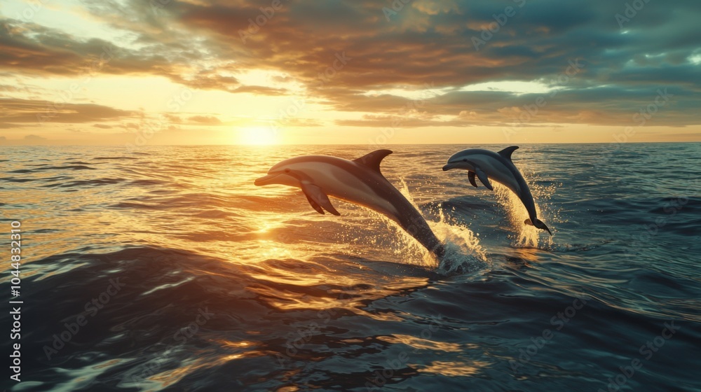 Dolphins Leap at Sunset Over Ocean Waves Dolphins Leap at Sunset Over Ocean Waves