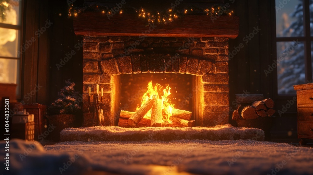 Warm and cozy fireplace crackling with real wood. Warm and cozy fireplace crackling with real wood.