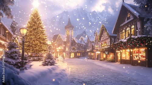 Snow-covered Christmas town, shining tree and festive shop windows