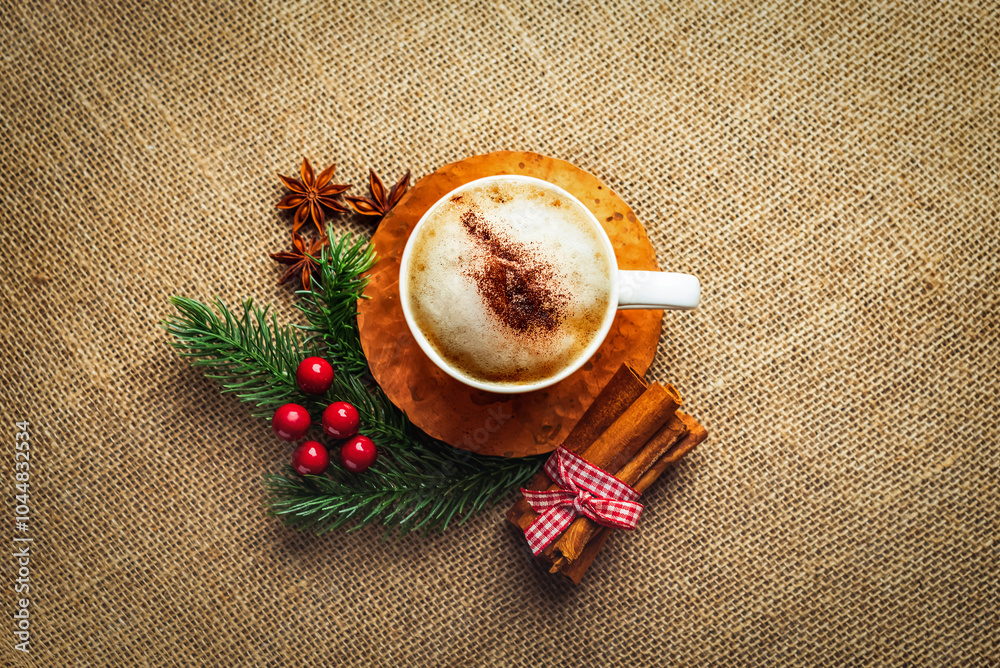 cappuccino cup on a Christmas background