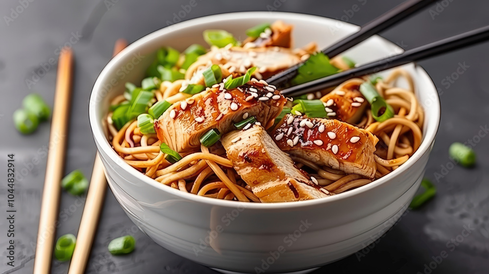 Freshly prepared noodles topped with sliced chicken, garnished with green onions and sesame seeds, served in white bowl. This dish is delightful blend of flavors and textures Freshly prepared noodles topped with sliced chicken, garnished with green onions and sesame seeds, served in white bowl. This dish is delightful blend of flavors and textures