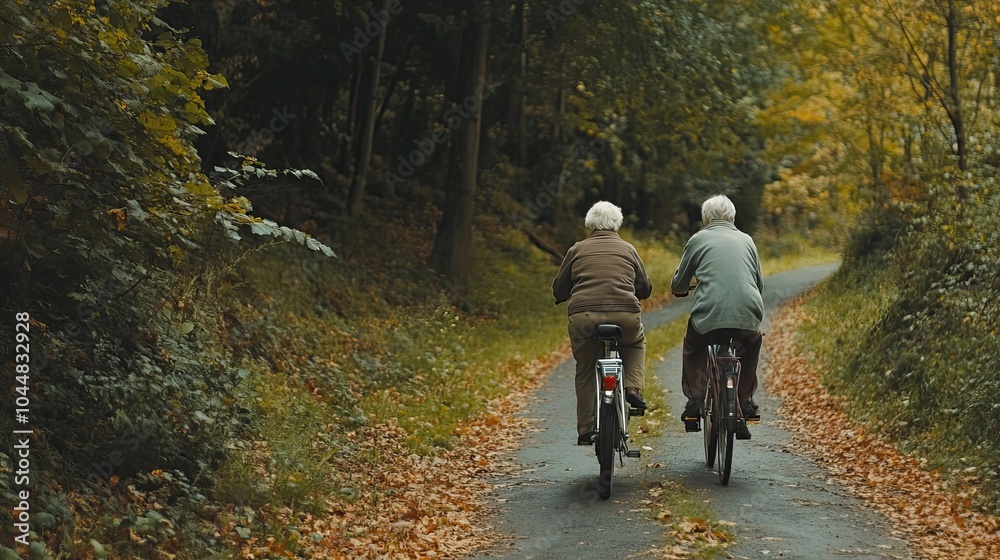 Fototapeta premium Two Elderly People Riding Bikes on a Forest Path