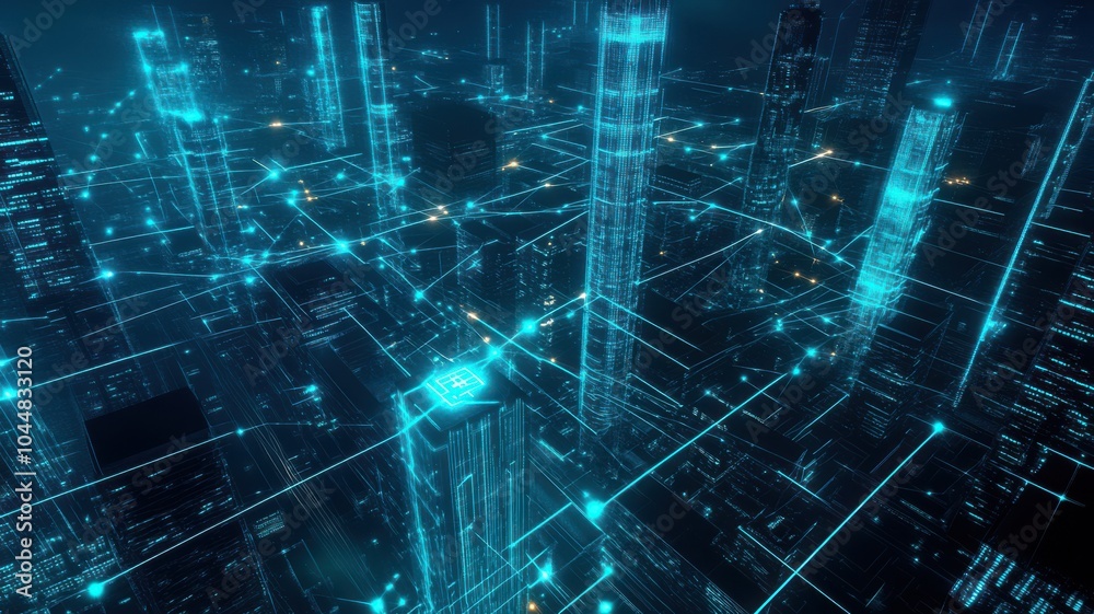 A futuristic digital cityscape with glowing lines and tall structures connected by a network, representing technology and innovation. A futuristic digital cityscape with glowing lines and tall structures connected by a network, representing technology and innovation.