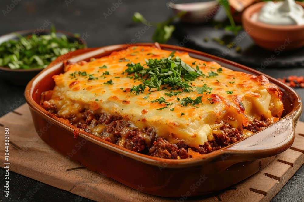 A dish of escondidinho de carne, a layered casserole with shredded beef and creamy mashed cassava, topped with melted cheese A dish of escondidinho de carne, a layered casserole with shredded beef and creamy mashed cassava, topped with melted cheese
