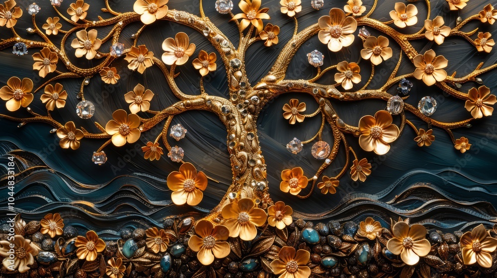 Obraz premium A stunning golden tree with embellished flowers and crystals stands out against a deep, textured backdrop, showcasing exquisite craftsmanship and elegance