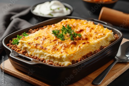 A dish of escondidinho de carne, a layered casserole with shredded beef and creamy mashed cassava, topped with melted cheese