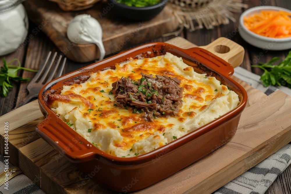 A dish of escondidinho de carne, a layered casserole with shredded beef and creamy mashed cassava, topped with melted cheese A dish of escondidinho de carne, a layered casserole with shredded beef and creamy mashed cassava, topped with melted cheese