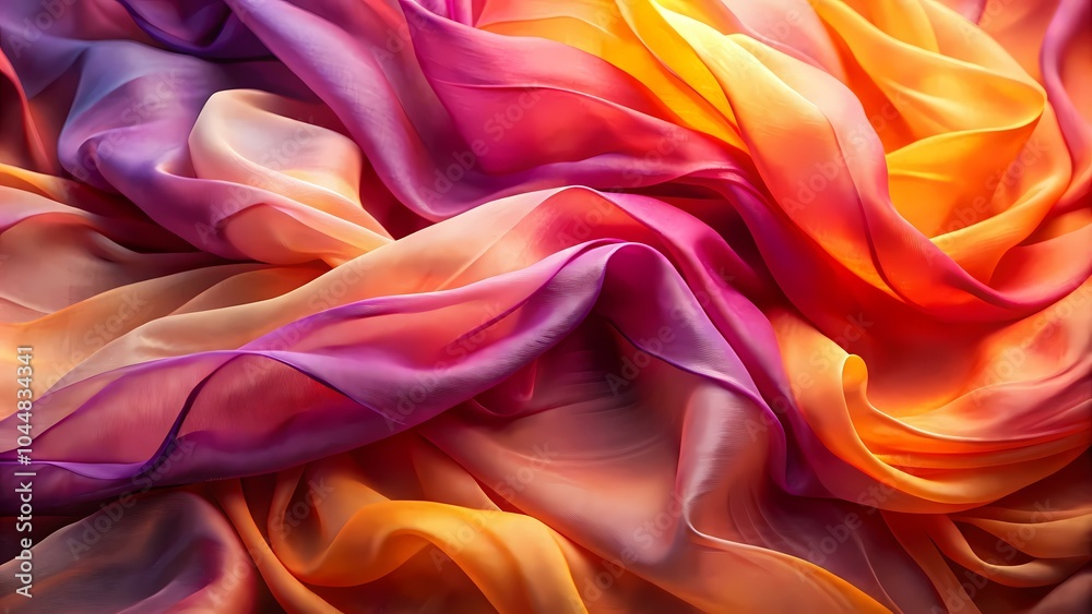The image shows a close up of a colorful, silky fabric with folds and ripples that create an abstract pattern. The image shows a close up of a colorful, silky fabric with folds and ripples that create an abstract pattern.