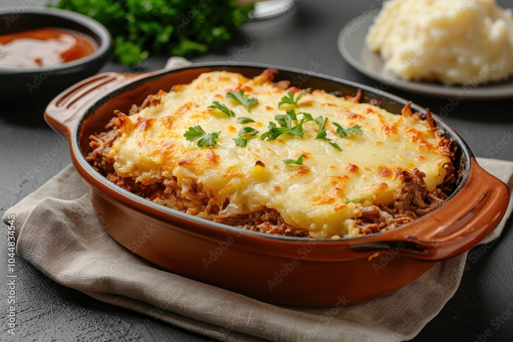 A dish of escondidinho de carne, a layered casserole with shredded beef and creamy mashed cassava, topped with melted cheese A dish of escondidinho de carne, a layered casserole with shredded beef and creamy mashed cassava, topped with melted cheese