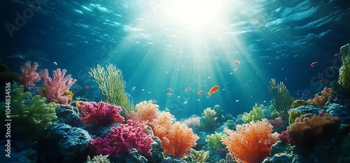 Sunbeams shine through blue water onto a coral reef.