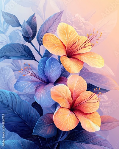 Colorful botanical illustrations in minimalist style Vibrant tropical flowers with soft gradients.