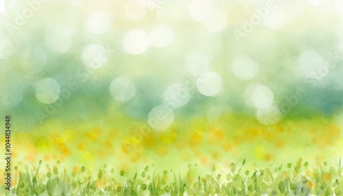 Watercolor landscape background illustration of a bright meadow