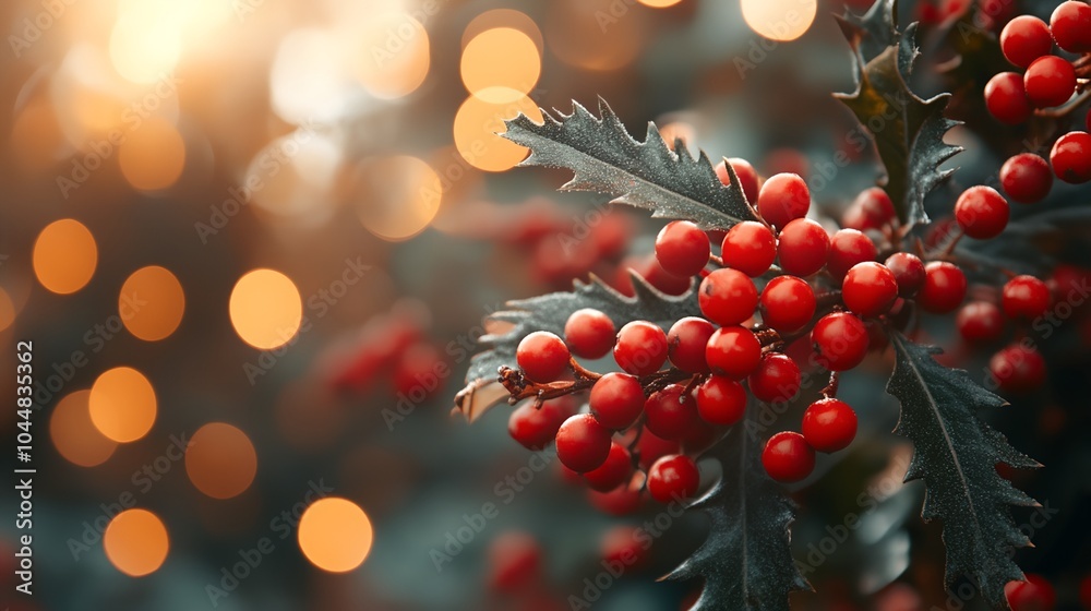 a close up of a holly with red berries on it and a blurry background