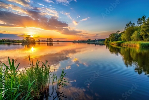 Water surface of lake and vegetation during sunset in long shot