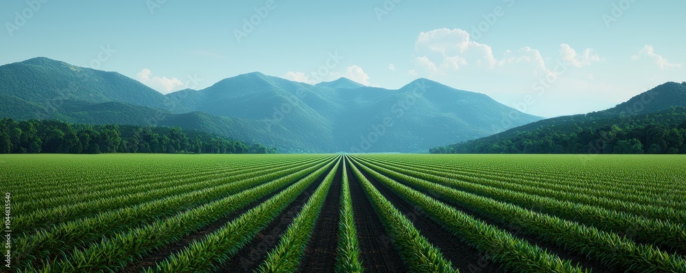 Vast green field with rows of crops leading towards serene blue mountains and clear sky. Vast green field with rows of crops leading towards serene blue mountains and clear sky.