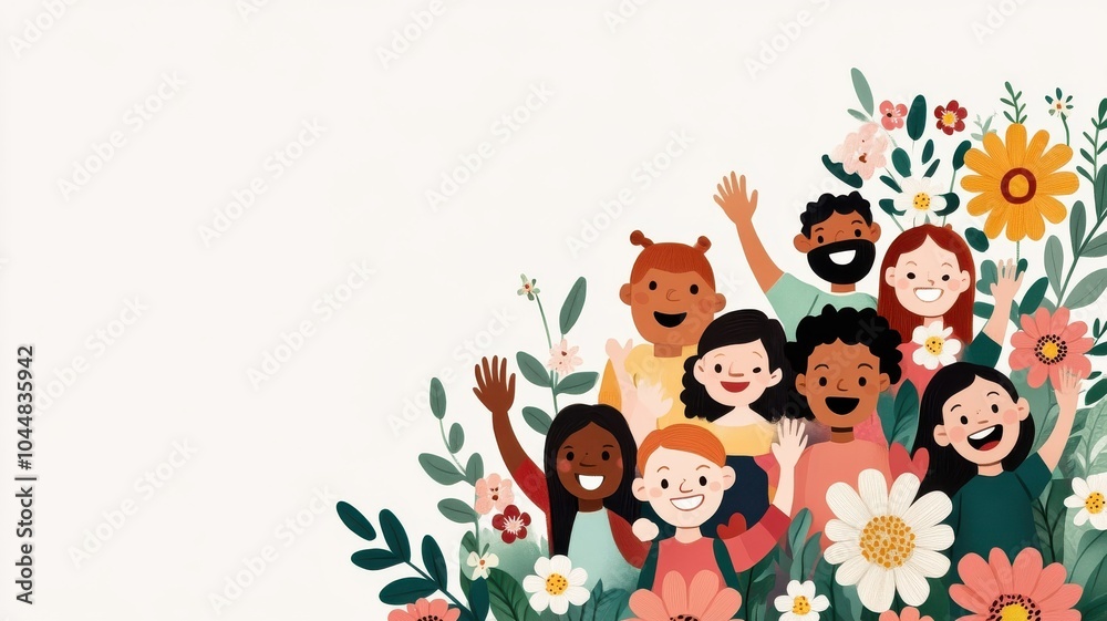 Naklejka premium A joyful group of diverse people celebrating together among flowers, representing unity, friendship, and happiness.