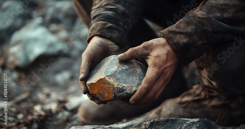 Close-up of Hands Holding a Rough Stone with a Dark Background