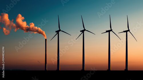 image showcases contrast between industrial smoke and renewable energy sources, highlighting coexistence of traditional and sustainable energy photo