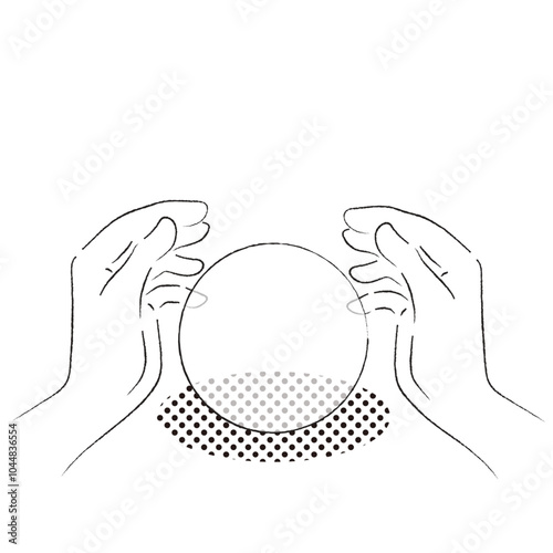 水晶玉で占いをする占い師のイラスト　モノクロ線画　手書き風