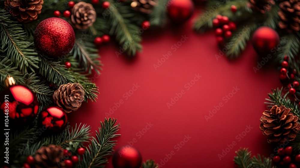 A red background with a Christmas tree and ornaments A red background with a Christmas tree and ornaments