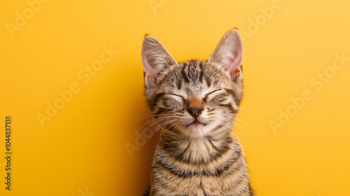 A cute happy tabby kitten with closed eyes, sitting against a bright yellow background. The kitten has a playful expression, showcasing its soft fur and distinctive stripes.