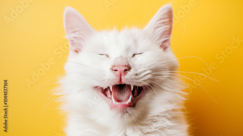 A close-up of a white cat with its mouth open, appearing to yawn or meow. The cat has bright, expressive eyes and fluffy fur, set against a vibrant yellow background.