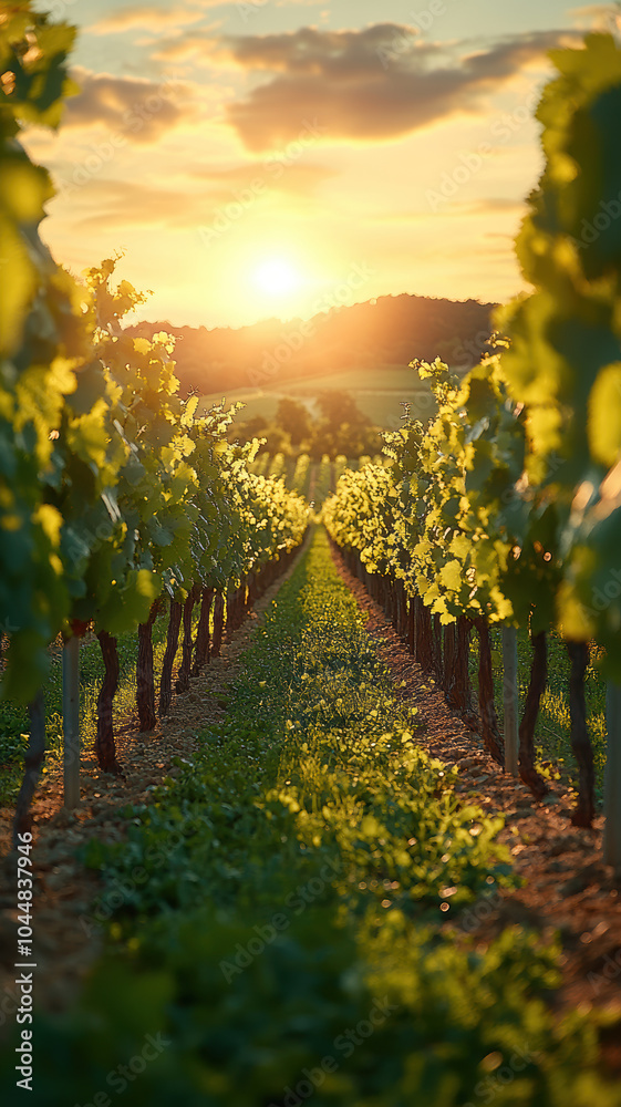 Fototapeta premium Bright Vineyard with Green Grass