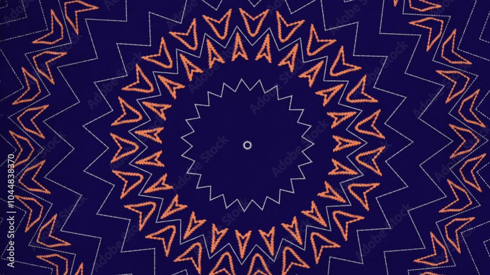 Vibrant orange and blue shapes arranged in a spiral pattern create a visually striking, modern, and abstract geometric design