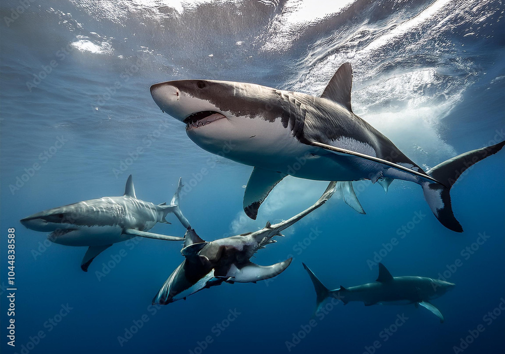 Obraz premium Weiße Hai (Carcharodon carcharias) Gruppe unter Wasser