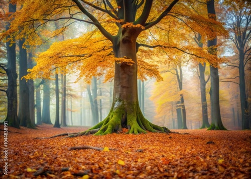 Minimalist Photography of a Lonely Beech Tree Surrounded by Vibrant Leaf Litter, Strong and Symmetrical, Nature's Solitude Captured in Autumn Landscape photo