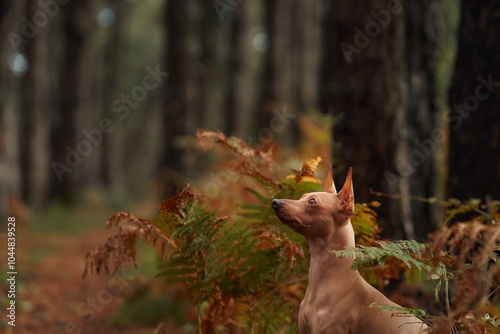 An American Hairless Terrier sits in the forest, looking up curiously. The dog is surrounded by autumn leaves and tall trees in a serene woodland setting. photo