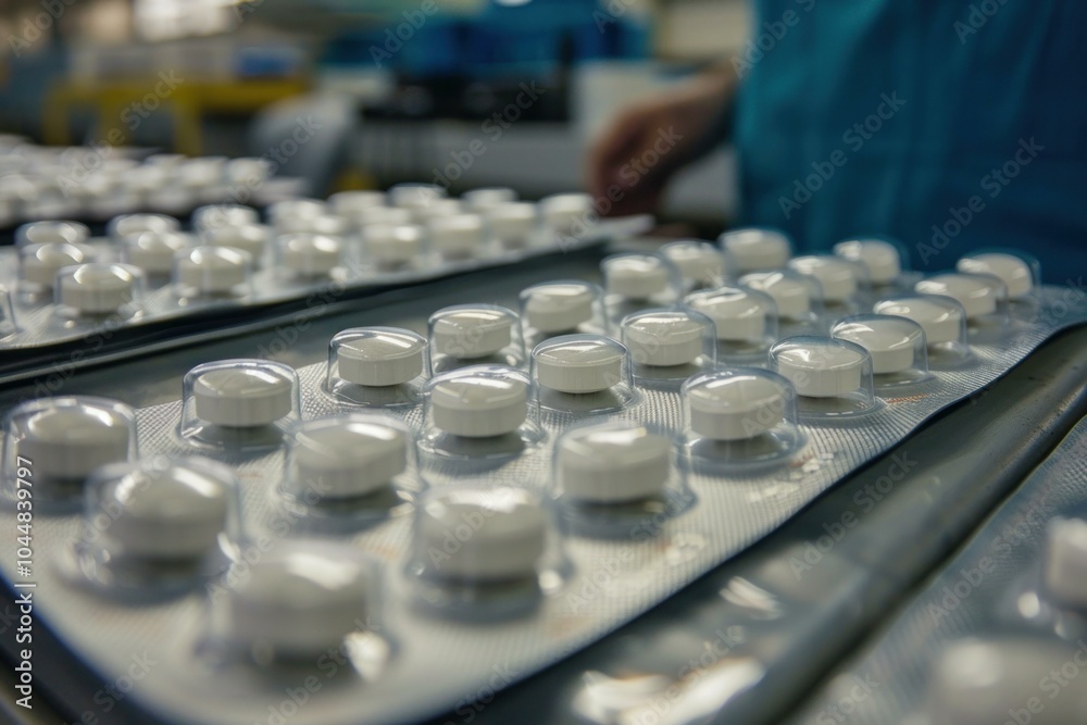 Rows of white pills being packaged by a pharmaceutical factory worker Rows of white pills being packaged by a pharmaceutical factory worker